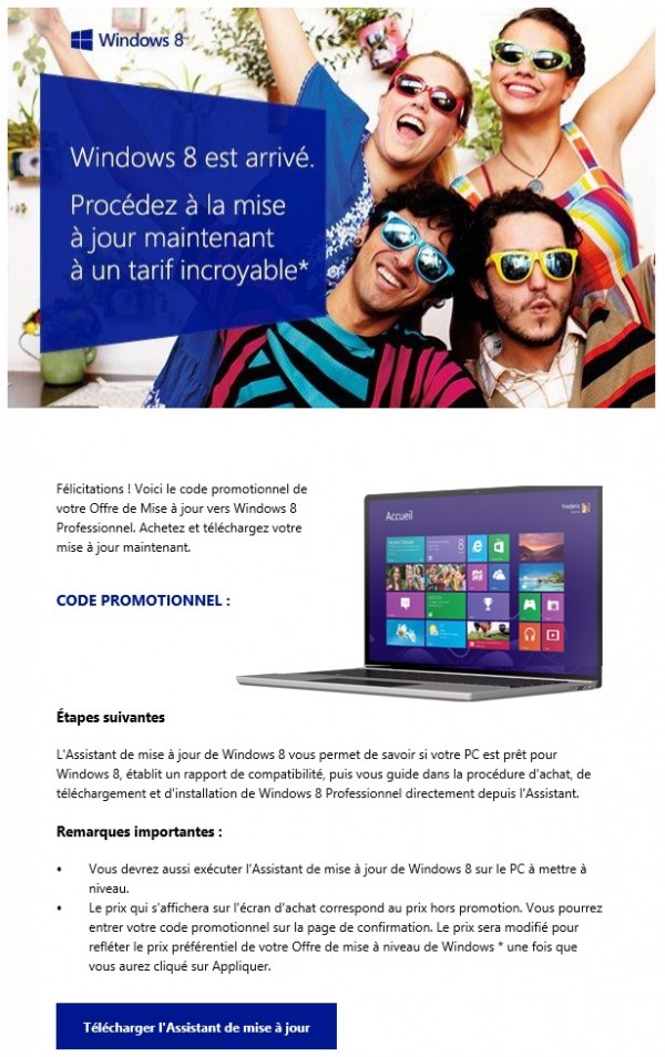 email de mise à jour vers Windows 8