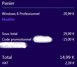 validation achat mise a niveau Windows 8 Pro depuis Windows 7 offre 15€