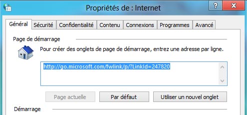 IE10 page accueil demarrage par defaut Internet Explorer 10