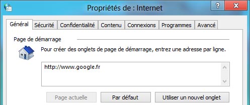 IE10 page accueil demarrage par defaut Internet Explorer 10