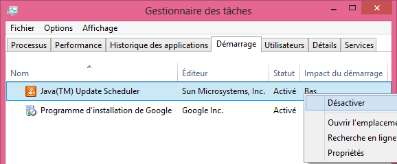 comment faire msconfig demarrage Gestionnaire des taches Windows 8