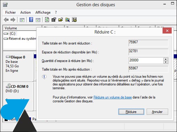 Windows 8 partition disque quantite espace reduire Mo Go