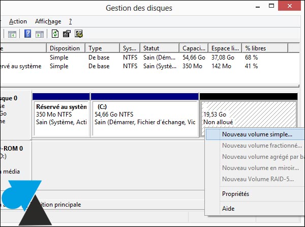 partition disque nouveau volume simple