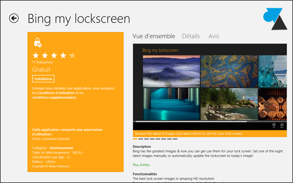 application Bing my lockscreen image ecran demarrage Windows 8
