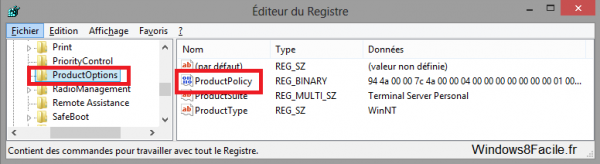 Windows 8 RT Registre ProductPolicy