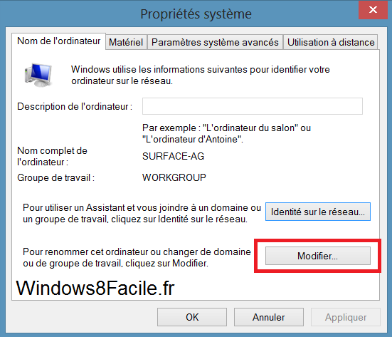Windows 8 RT Propriétés Système