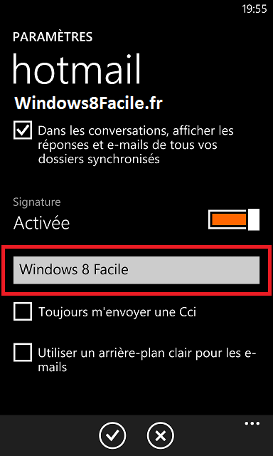 Windows Phone 8 e-mail signature, modifier