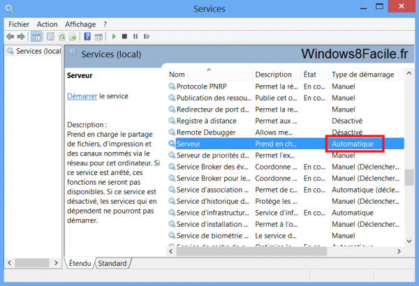 Windows 8 propriété service serveur vérification