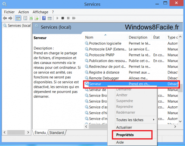 Windows 8 Service Serveur Clic droit