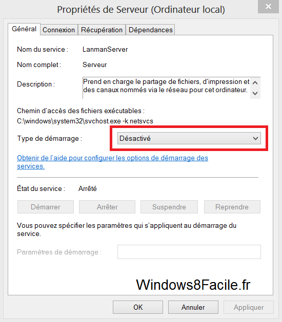 Windows 8 propriété service serveur désactivé