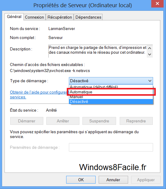 Windows 8 propriété service serveur automatique