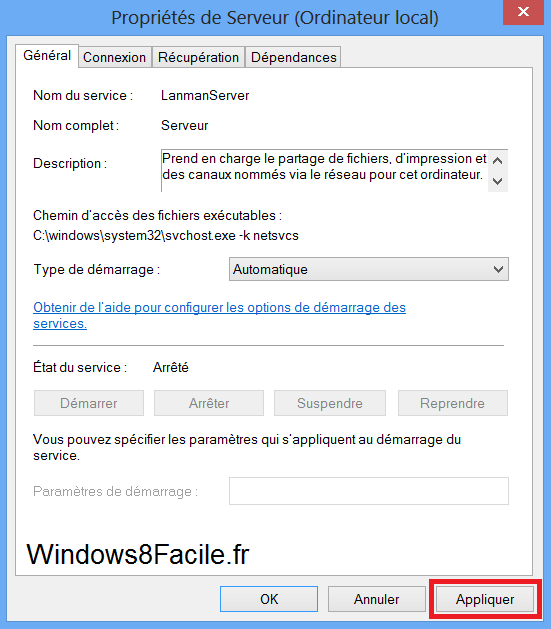 Windows 8 propriété service serveur automatique valider