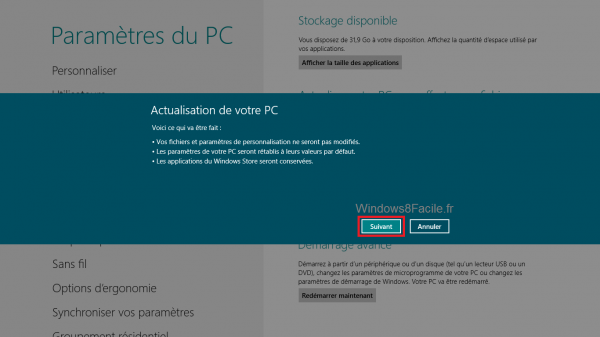 Windows 8 Actualisation, confirmation