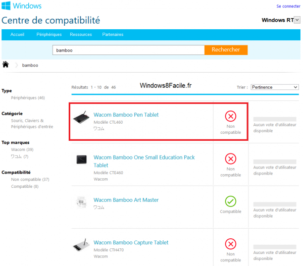 Windows 8 RT compatibilité Wacom Bamboo