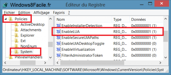 Windows 8 Policies Système EnableLUA