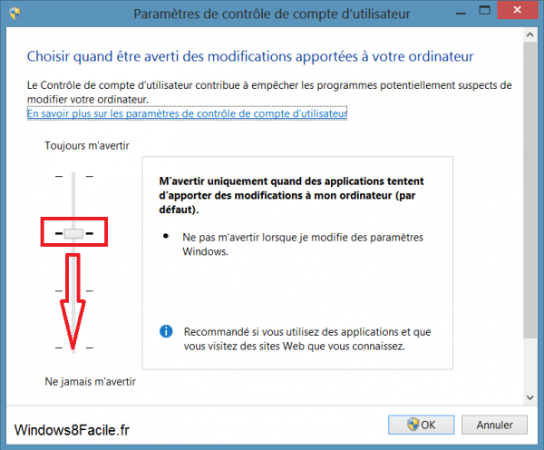 désactiver UAC Windows 8 niveau par défaut