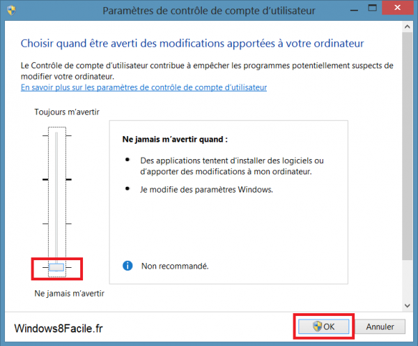 désactiver UAC Windows 8 niveau minimum