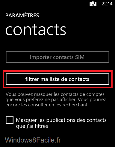 Windows Phone Filtrer ma liste de contacts