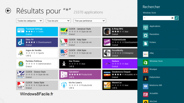 Windows Store résultats toutes applications