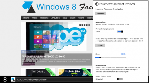 Windows 8 IE10 paramètres