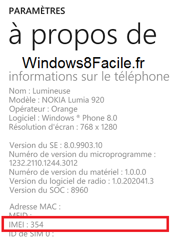 Windows Phone IMEI a propos