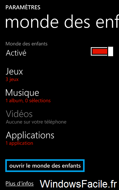 Monde des enfants ouvrir via le menu