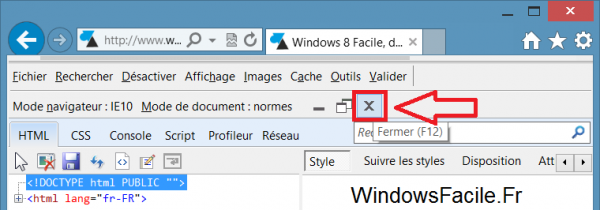 ie10 fermer outils developpement