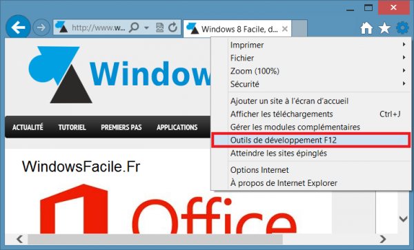 ie10 menu outils developpement