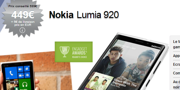 acheter Nokia Lumia 920 prix achat 450 euros pas cher