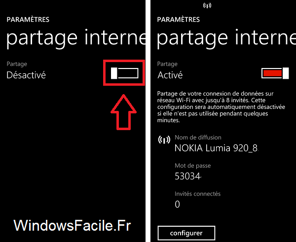 Windows Phone partage internet activé