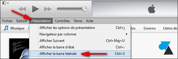 Apple iTunes 11 afficher barre laterale menu de gauche