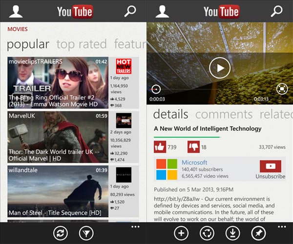 application YouTube Windows Phone 8