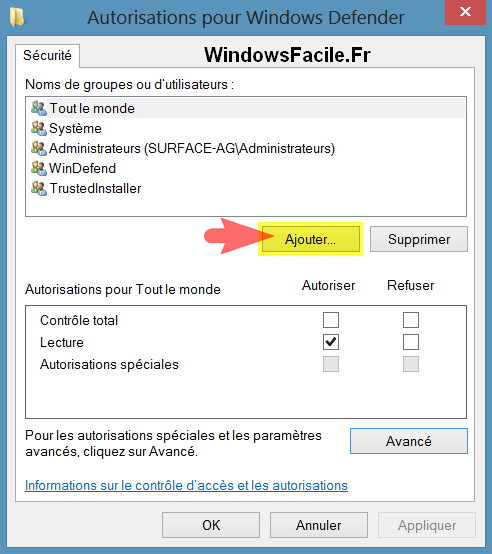 regedit windows defender ajouter utilisateur