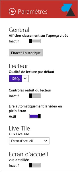 Windows 8 application YouTube Hyper video parametres settings