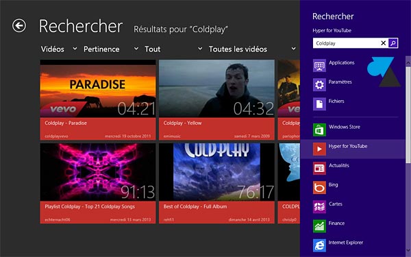 Windows 8 application YouTube Hyper video recherche