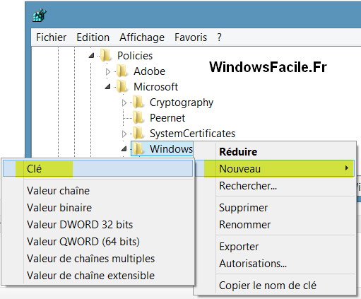 Créer clé windowsupdate