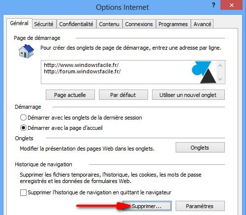 IE10 Internet Explorer vider cache fichiers temporaires