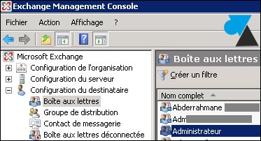 Exchange console configuration boite aux lettres utilisateur