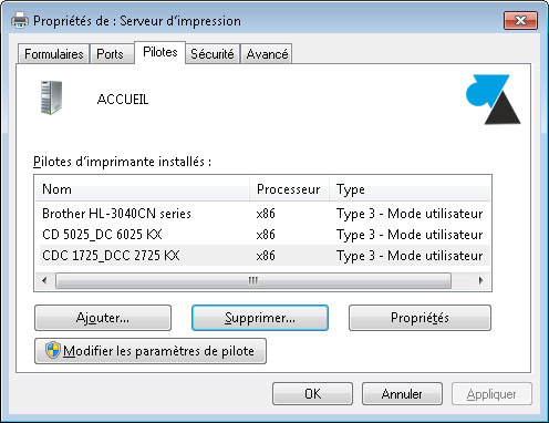 desinstaller pilote driver imprimante Windows