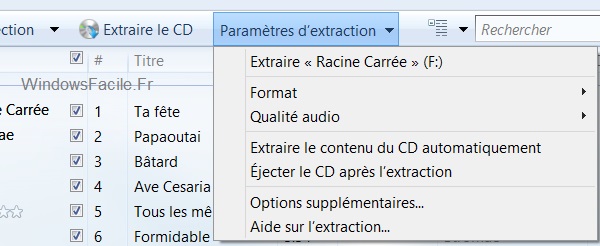 Paramètres d'extractation