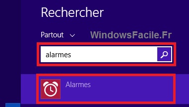 Windows 8 recherche alarmes