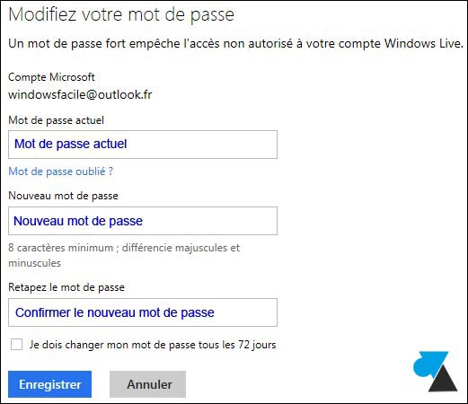 comment changer mot de passe mail Outlook Hotmail