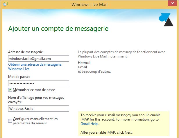 tutoriel Windows Live Mail compte Google Gmail