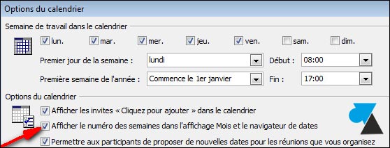 Outlook 2007 options calendrier