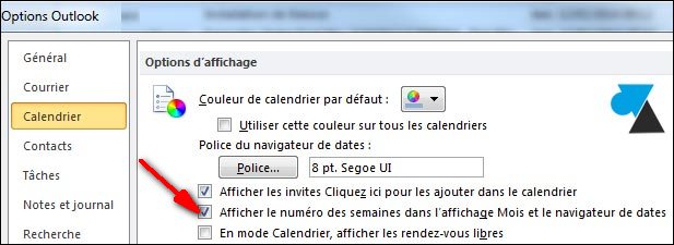 Outlook 2010 options calendrier