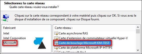 tutoriel ajouter carte reseau bouclage Microsoft