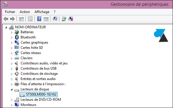 gestionnaire peripheriques reference disque dur SSD SSHD