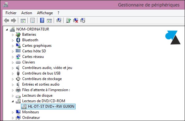 gestionnaire peripheriques reference lecteur graveur CD DVD BR