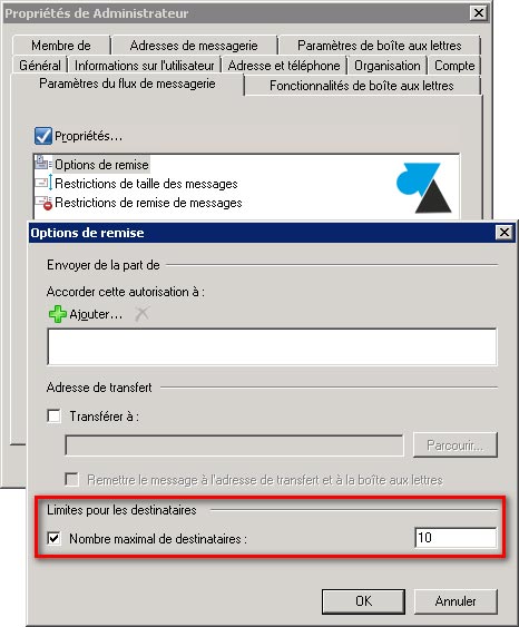 tutoriel Exchange 2007 nombre maximum destinataires