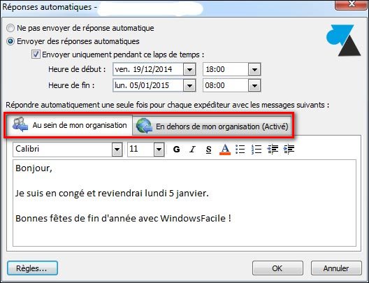 tutoriel Outlook reponse automatique vacances